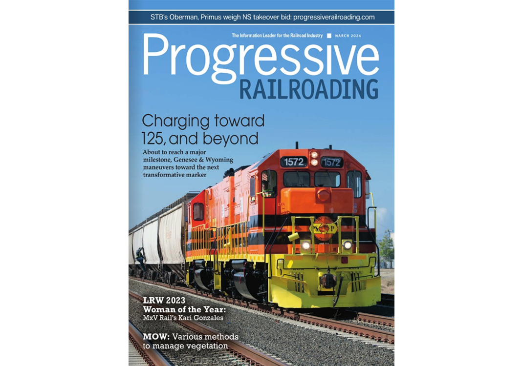 Magazine cover for "Progressive Railroading" featuring an image of a Genesse & Wyoming train.