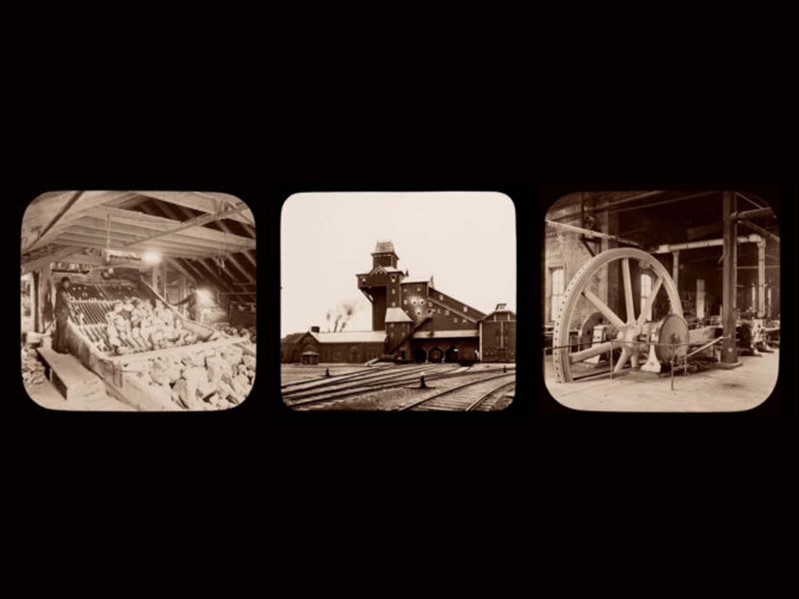 Three black and white archival images of Genesee & Wyoming train tracks and warehouses