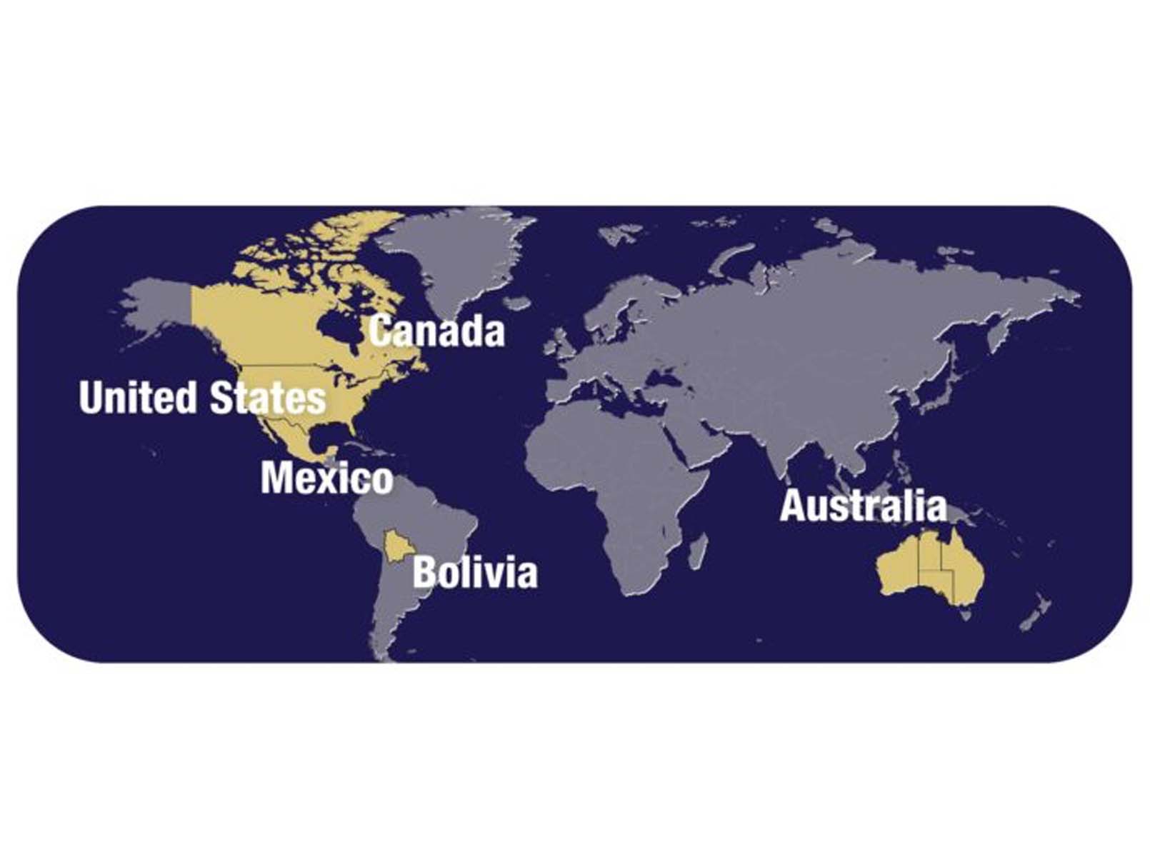 A map of the world with the United States, Canada, Mexico. Bolivia, and Australia highlighted and labeled