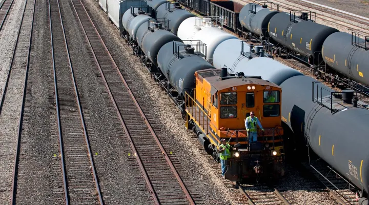 Aerial view of train pulling railcars