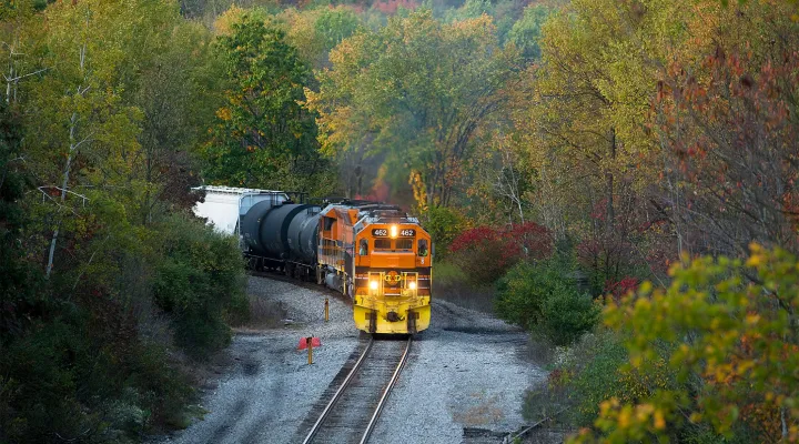 Train pulling various railcars in a fall foliage landscape